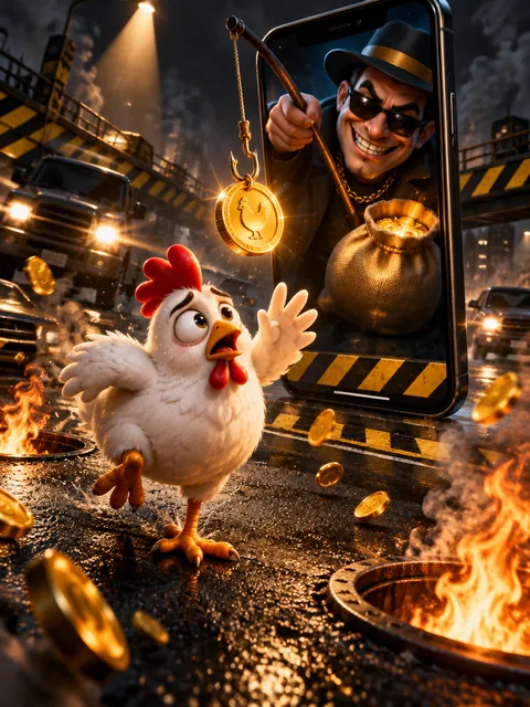 Illustratie: een oplichter in een reusachtige telefoon hengelt met een gouden munt naar een schrikachtige kip