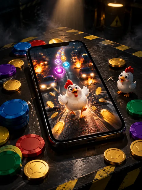 Illustratie: een telefoon met de kip op het scherm, omringd door speelfiches en speelgoedmunten