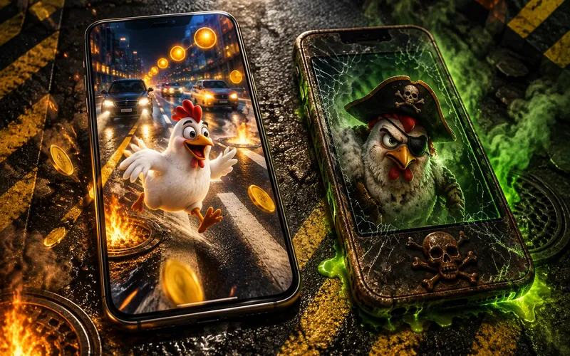 Illustratie: links een gewone telefoon met de kip op de weg, rechts een kapotte piratentelefoon met groene rook en een piratenkip met ooglapje