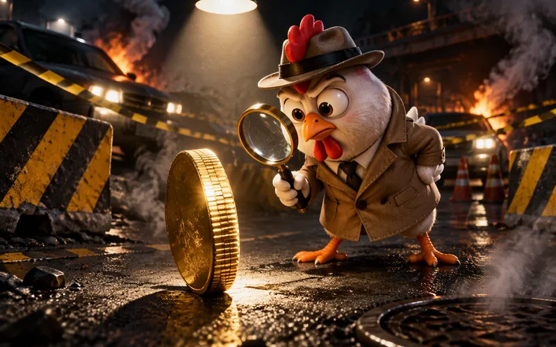 Illustratie: de kip als detective met hoed en vergrootglas onderzoekt een gouden munt op het asfalt