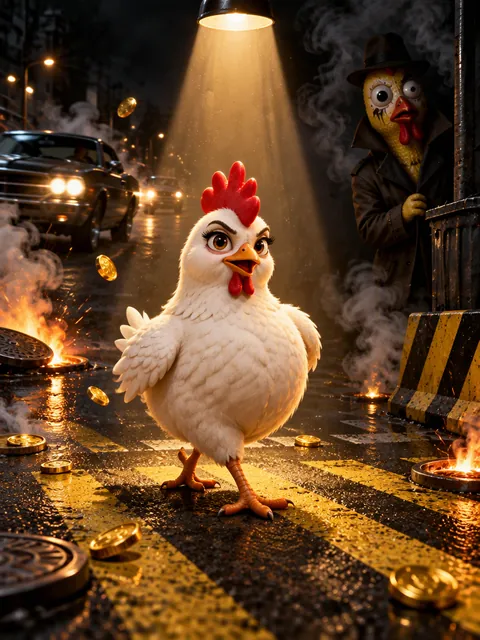 Illustratie: de echte kip in het licht van een lamp, met een nagemaakte kip in een regenjas in de schaduw erachter